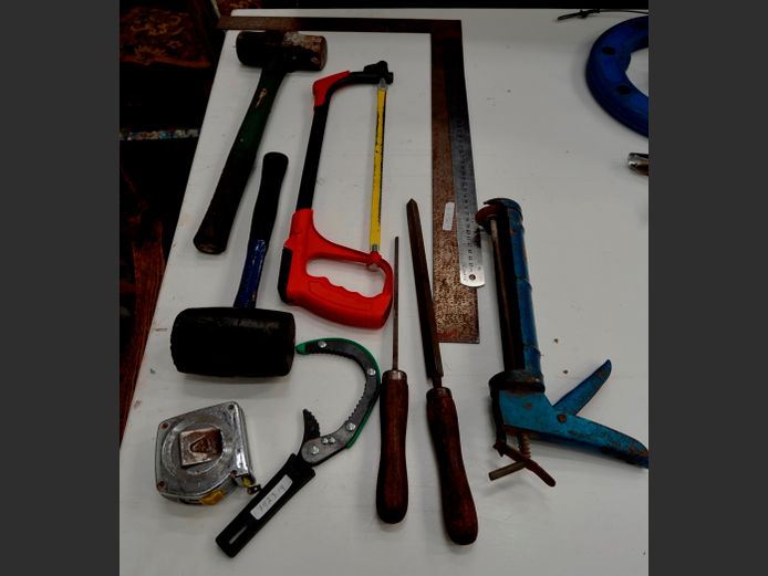 RUBBER MALLET, 4 POUND HAMMER, FILES, HACKSAW, etc