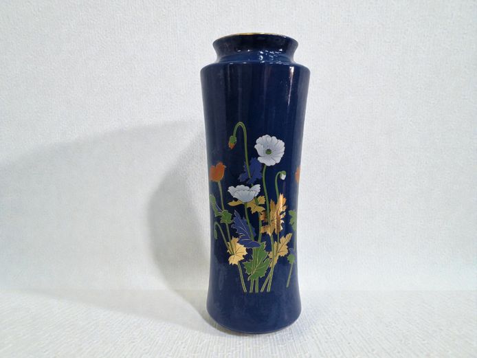 Vintage Cobalt Blue Japanese "Bijutsu Toki" Floral Vase