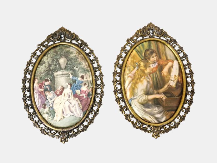 Pair of Vintage Gilt-Brass Oval Framed Prints