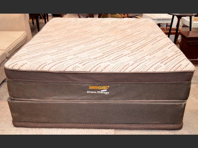 RESTONIC QUEEN SIZE BED BASE & MATTRESS SET [Needs a very good clean, holes to mattress]