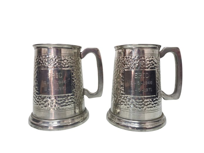 Pair of Vintage Hammered Pewter Tankards with Glass Bottoms