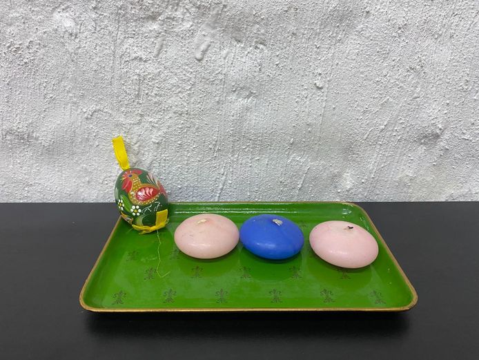 Hand-Painted Folk Art Wooden Egg, Lacquered Tray, & Floating Candles