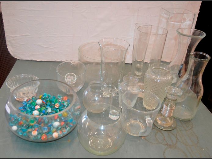 GLASS VASES, GLASS JUGS, CANDLE STAND, GRAVY BOAT, etc