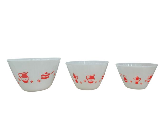 Mid-Century Opaque Milk Glass Culinary Motifs Nesting Mixing Bowls