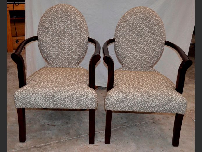 PAIR MAHOGANY ARMCHAIRS WITH GEOMETRIC PATTERNED UPHOLSTERY