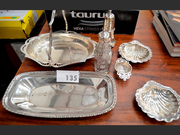 SILVER PLATE: SWEETS DISH, SUGAR SHAKER, etc