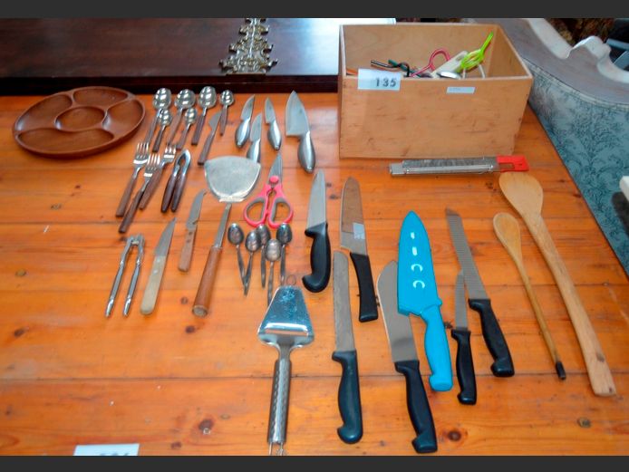 BUTCHER'S KNIVES, CUTLERY, WOODEN SPOONS, etc