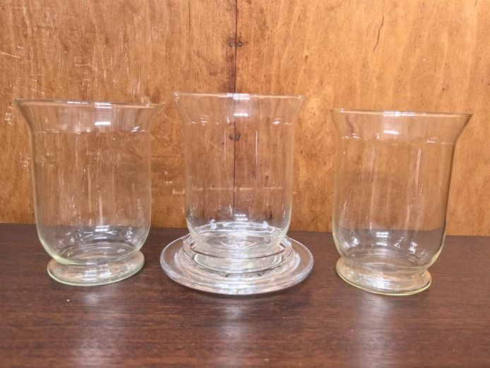 Set of 3 Clear Glass Hurricane Vases with One Glass Base