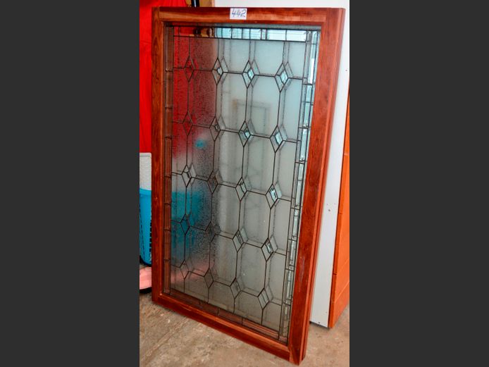 PAIR: RHODESIAN TEAK FRAMED LEAD GLASS PANELS, 130 x 80.5cm
