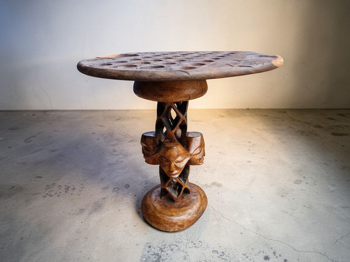 Hand-Carved African Mankala Game Pedestal Table