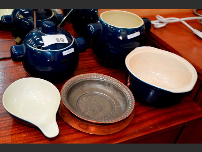 SET OF 2 BLUE CERAMIC TUREENS, CASSEROLE, etc