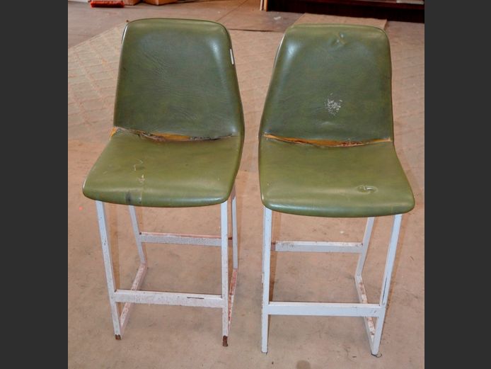 PAIR METAL & GREEN VINYL UPHOLSTERED CHAIRS, 63cm High [Need re-covering]