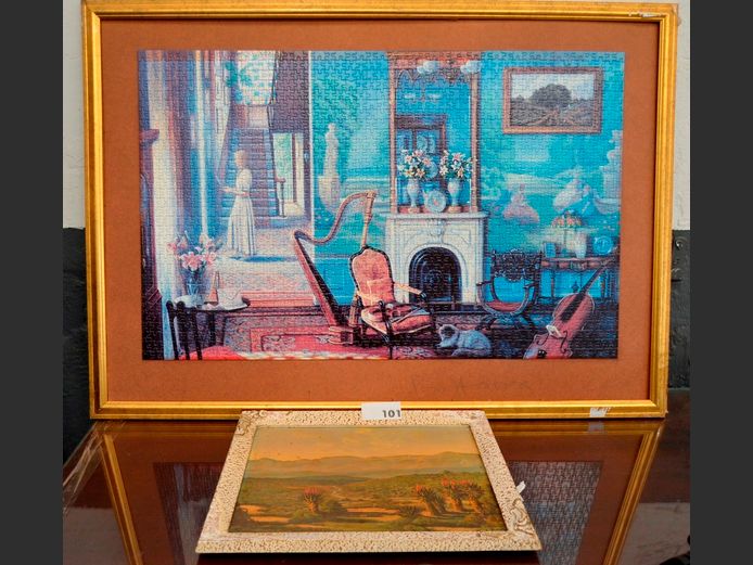 FRAMED LANDSCAPE PRINT & A FRAMED PUZZLE, 37 x 29cm & 85 x 84cm