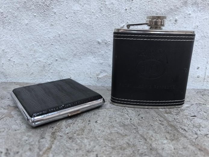 KWV 10 Branded Hip Flask & Vintage Cigarette Case