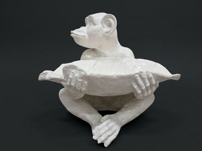 Contemporary Glazed Ceramic Seated Monkey Catchall Dish / Centerpiece Bowl