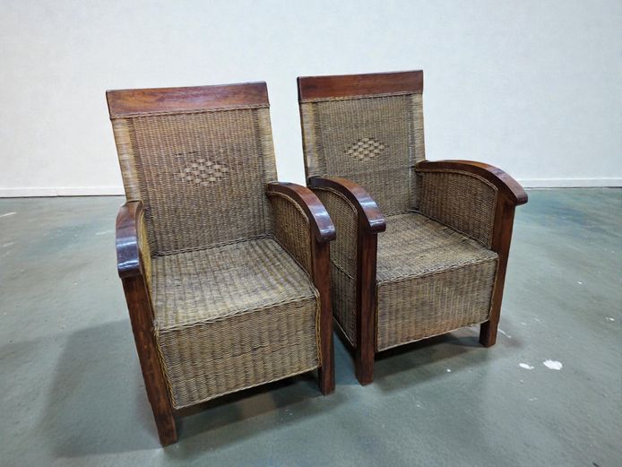 Pair of 1980's Wicket Woven Wooden Armchairs