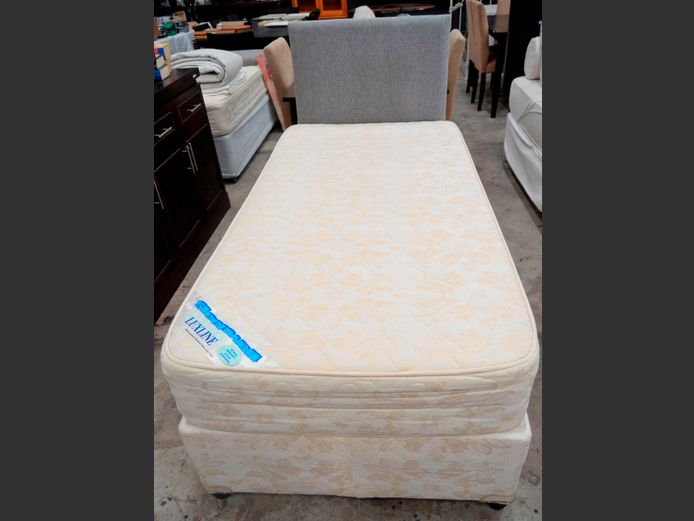 SLEEPWELL LUXLINE SINGLE BED BASE & MATTRESS SET WITH GREY UPHOLSTERED HEADBOARD
