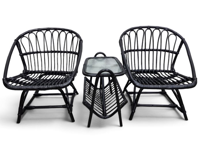Mid-Century Modern Black Wicker Patio Set