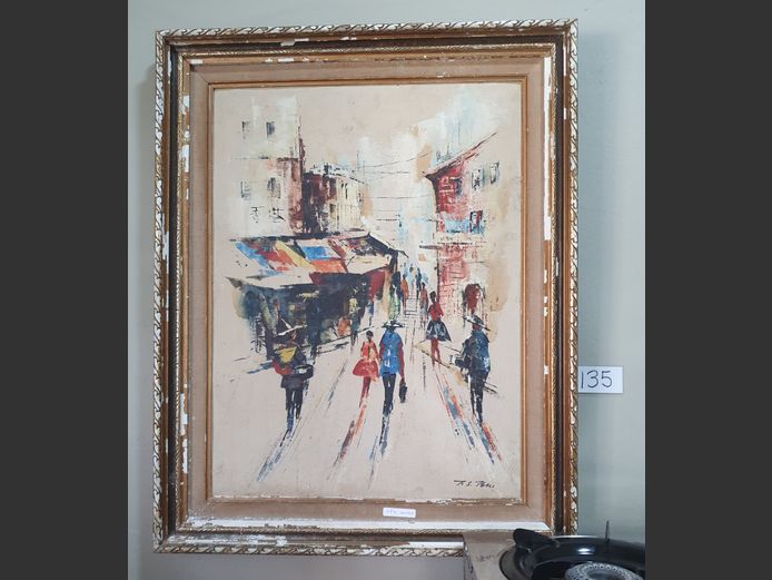 FRAMED OIL ON BOARD "STREET SCENE" SIGNED T.S TSUI, 44 x 59cm