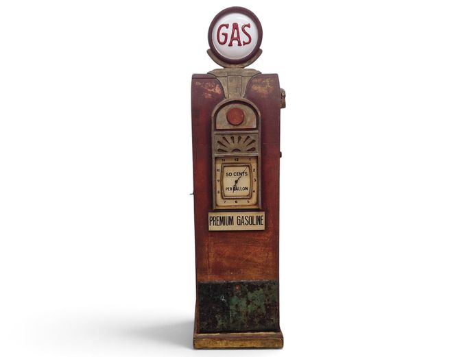 Vintage Petroliana-Style Wooden Gas Pump Cabinet with Integrated Clock & Light