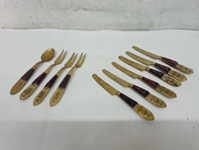 Vintage Thai Siam Brass and Wood Cutlery Set (Cake Fork Size)