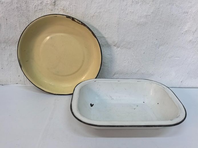 Vintage Enamelware Plate and Utility Dish with Black Trim