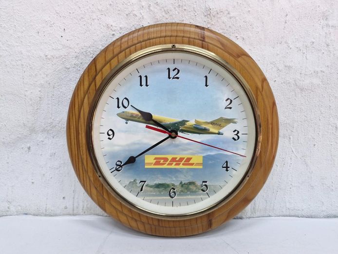 Vintage DHL Cargo Airplane Wooden Frame Quartz Wall Clock