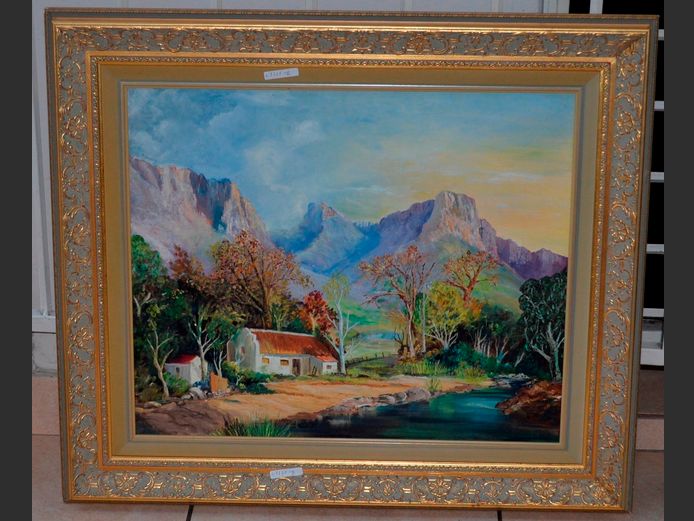 GILT FRAMED OIL ON BOARD "FARM HOUSE", 59.5 x 48cm