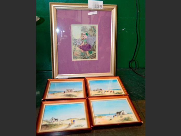 SET OF 4 FRAMED WATERCOLOURS "COTTAGES" SIGNED LUCILLE & A GILT FRAMED PRINT OF A FAIRY, 16 x 11.5cm & 15.5 x 11.5cm