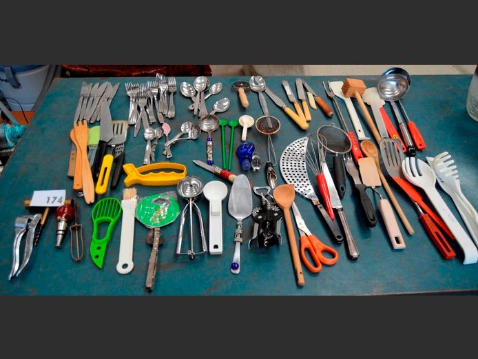 ASSORTED CUTLERY, KITCHEN UTENSILS, KNIFE SHARPENER, etc
