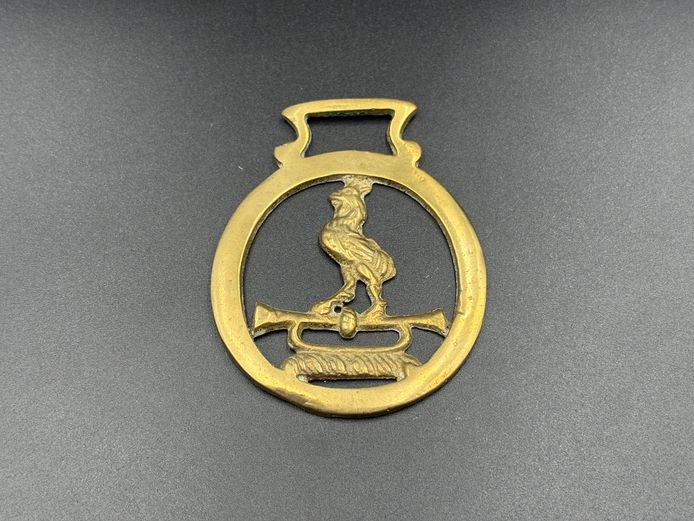 Vintage Brass Horse Harness Medallion – Heraldic Rooster / Cock on Hunting Horn Design