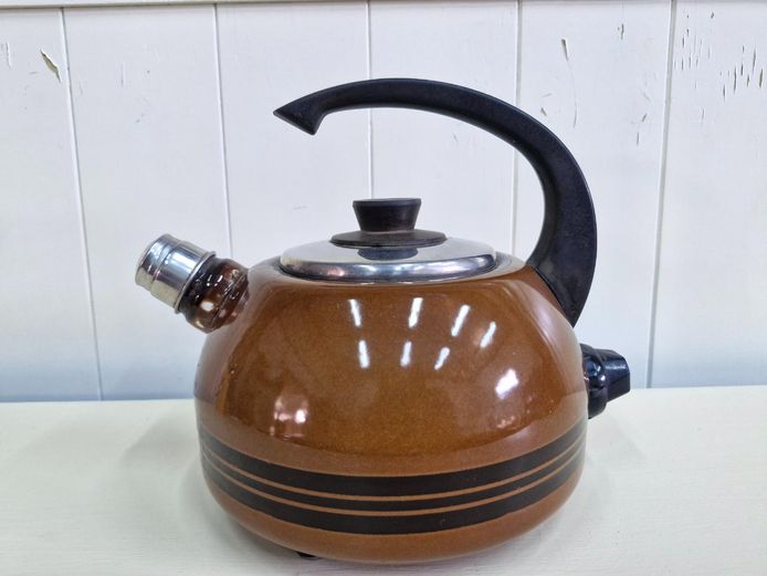 Vintage 1970s Style Brown & Black Striped Electric Whistling Kettle