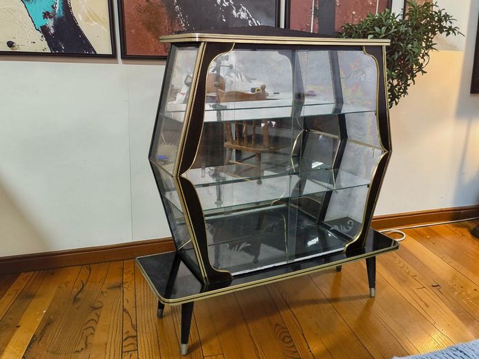 Mid-Century Modern Glass Display Cabinet with Gold Trim