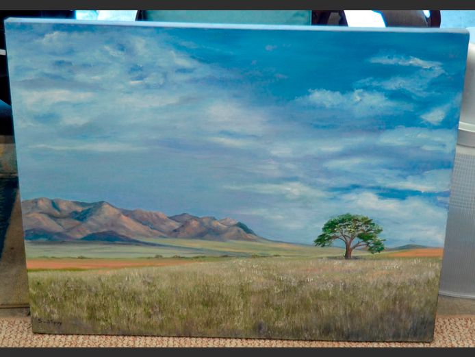 UNFRAMED OIL ON CANVAS "MOUNTAIN SCENE" BY S. VD SPUY, 90 x 70cm