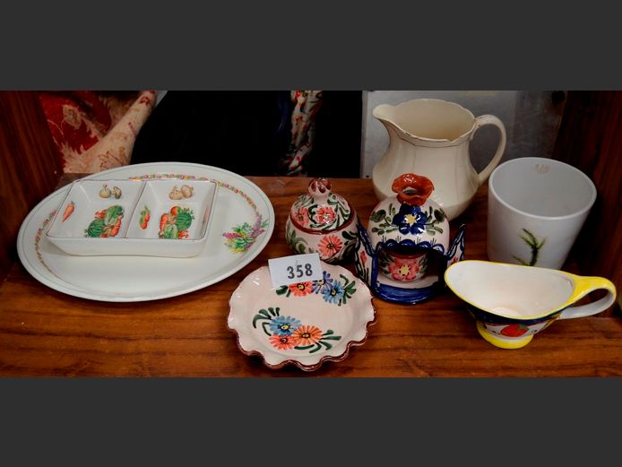 HAND PAINTED PLATTER, GRAVY BOATS, ALFRED MEAKIN JUG, etc
