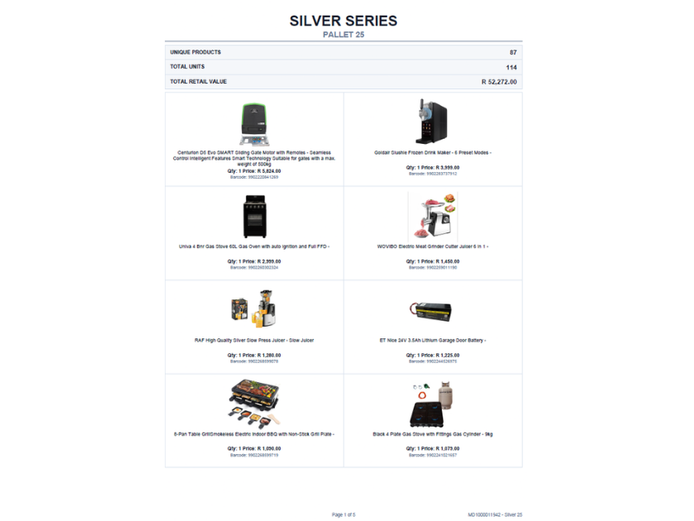 SILVER PALLET OF STOCK (NOT TESTED) TOTAL RETAIL VALUE: R 52,272.00 STC