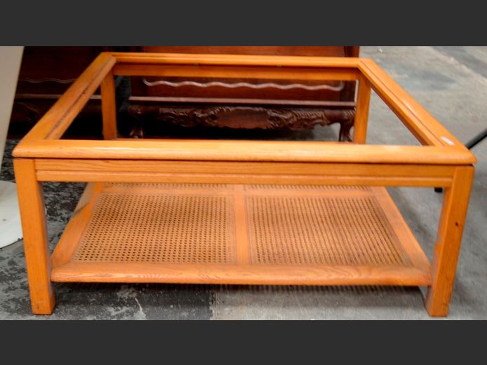 SQUARE OAK COFFEE TABLE WITH RATTAN BOTTOM SHELF, 100 x 100 x 42cm [No glass]