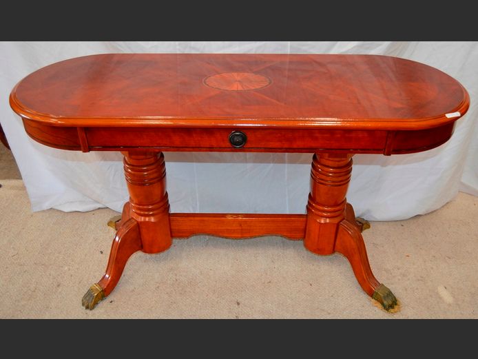 YEW WOOD OVAL HALL TABLE WITH FALSE DRAWER, 120 x 46 x 67cm