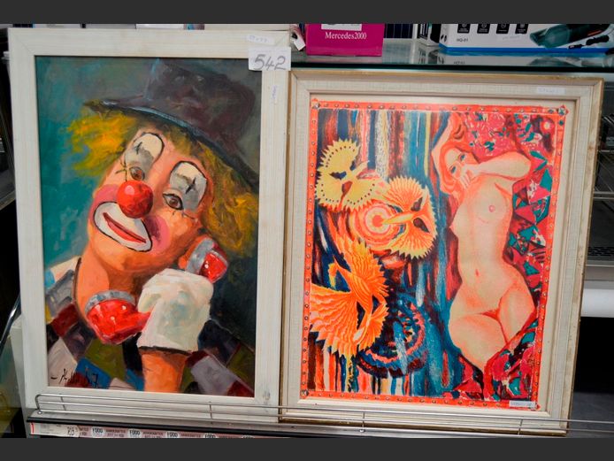 WHITE FRAMED OIL ON BOARD "CLOWN", 61 x 46cm, & A FRAMED WATERCOLOUR "NUDE STUDY", 53 x 42.5cm