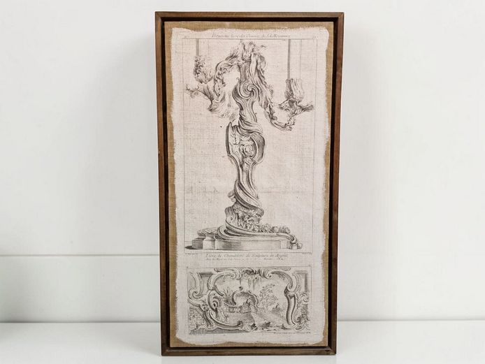 Large Framed Juste-Aurèle Meissonnier Rococo Etching Print on Burlap