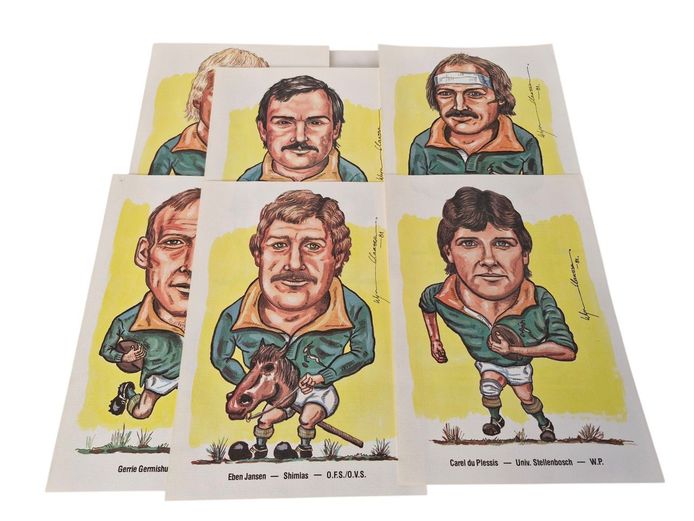 Collection of Five 1980's Wynand Claassen Springbok Cartoon Prints