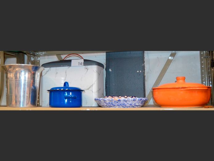 CERAMIC CASSEROLE WITH LID, ENAMEL BOWL WITH LID, ENAMEL BREAD BIN, etc