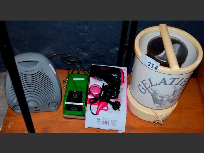 GELATIERA ELECTRIC ICE CREAM MAKER [Switches on, untested further], ELM V-28 VINTAGE PENCIL SHARPENER [Cracked casing], AIM FAN HEATER & A SAFEWAY HAIRDRYER [Switch on, untested further] [160,182