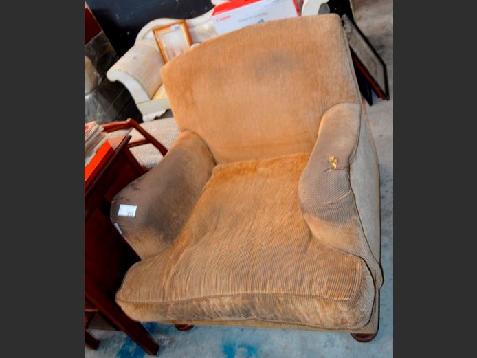 WETHERLYS BROWN CORDUROY UPHOLSTERED ARMCHAIR [Needs re-covering]