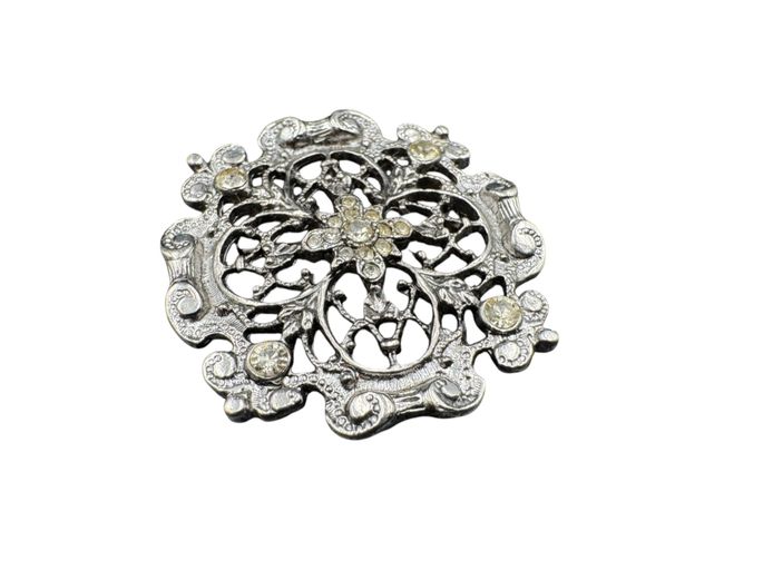 Vintage Silver-Tone Rhinestone Filigree Brooch