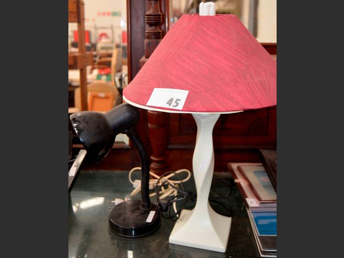 TWISTED LAMP WITH SHADE & AN ADJUSTABLE DESK LAMP, 49cm High & 32cm High