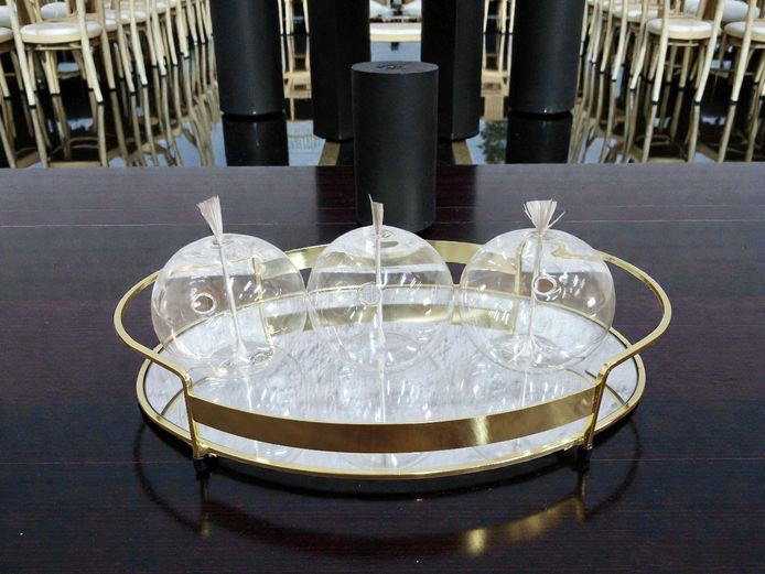 Oval Gold Metal Mirror Tray with Three Oil Lamps