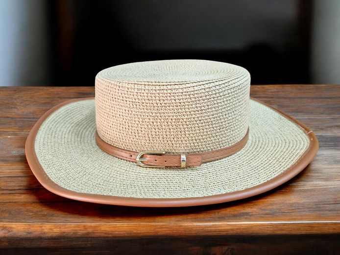 Beige Boater Straw Hat with Faux Leather Band & Rim