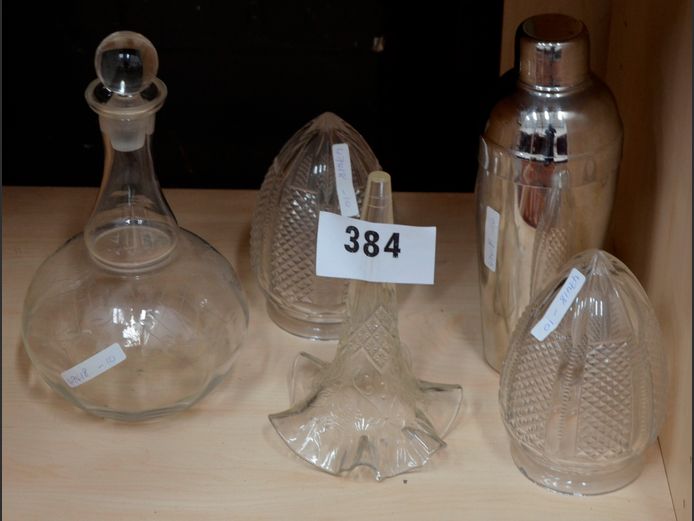 GLASS DECANTER, SILVER PLATE COCKTAIL SHAKER, etc