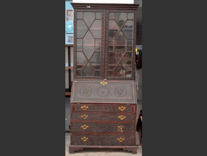 GEORGIAN 4-DRAWER FALL FRONT BUREAU BOOKCASE, 92 x 48 x 211cm